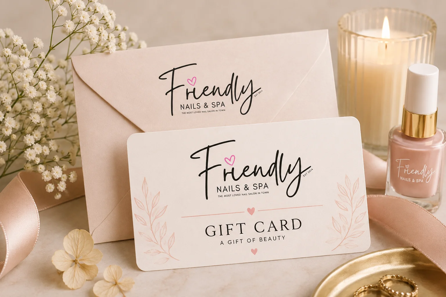 Friendly Nails gift card with envelope, candle and nail polish